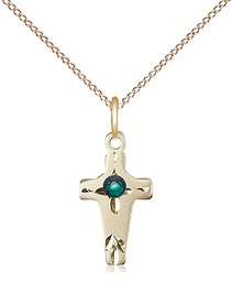 [2527GF-STN5/18GF] 14kt Gold Filled Cross Pendant with a 3mm Emerald Swarovski stone on a 18 inch Gold Filled Light Curb chain