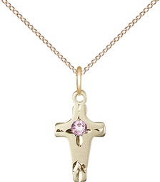 [2527GF-STN6/18GF] 14kt Gold Filled Cross Pendant with a 3mm Light Amethyst Swarovski stone on a 18 inch Gold Filled Light Curb chain