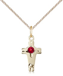 [2527GF-STN7/18GF] 14kt Gold Filled Cross Pendant with a 3mm Ruby Swarovski stone on a 18 inch Gold Filled Light Curb chain