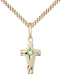 [2527GF-STN8/18G] 14kt Gold Filled Cross Pendant with a 3mm Peridot Swarovski stone on a 18 inch Gold Plate Light Curb chain