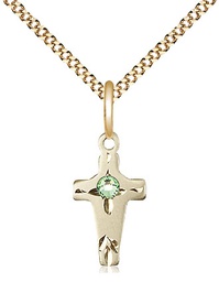 [2527GF-STN8/18G] 14kt Gold Filled Cross Pendant with a 3mm Peridot Swarovski stone on a 18 inch Gold Plate Light Curb chain