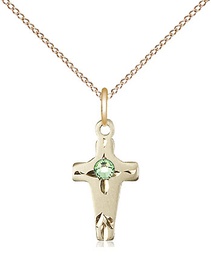 [2527GF-STN8/18GF] 14kt Gold Filled Cross Pendant with a 3mm Peridot Swarovski stone on a 18 inch Gold Filled Light Curb chain