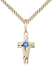 [2527GF-STN9/18G] 14kt Gold Filled Cross Pendant with a 3mm Sapphire Swarovski stone on a 18 inch Gold Plate Light Curb chain