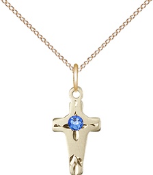 [2527GF-STN9/18GF] 14kt Gold Filled Cross Pendant with a 3mm Sapphire Swarovski stone on a 18 inch Gold Filled Light Curb chain