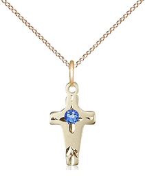 [2527GF-STN9/18GF] 14kt Gold Filled Cross Pendant with a 3mm Sapphire Swarovski stone on a 18 inch Gold Filled Light Curb chain