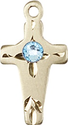 [2527KT-STN3] 14kt Gold Cross Medal with a 3mm Aqua Swarovski stone