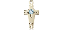 [2527KT-STN3] 14kt Gold Cross Medal with a 3mm Aqua Swarovski stone