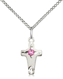 [2527SS-STN10/18SS] Sterling Silver Cross Pendant with a 3mm Rose Swarovski stone on a 18 inch Sterling Silver Light Curb chain