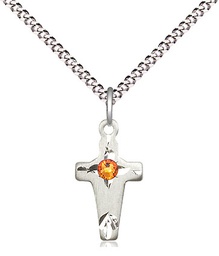 [2527SS-STN11/18S] Sterling Silver Cross Pendant with a 3mm Topaz Swarovski stone on a 18 inch Light Rhodium Light Curb chain