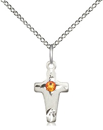 [2527SS-STN11/18SS] Sterling Silver Cross Pendant with a 3mm Topaz Swarovski stone on a 18 inch Sterling Silver Light Curb chain