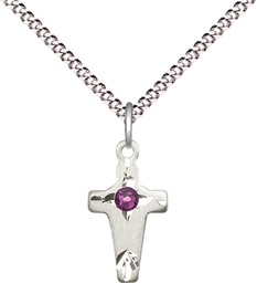 [2527SS-STN2/18S] Sterling Silver Cross Pendant with a 3mm Amethyst Swarovski stone on a 18 inch Light Rhodium Light Curb chain
