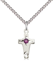 [2527SS-STN2/18S] Sterling Silver Cross Pendant with a 3mm Amethyst Swarovski stone on a 18 inch Light Rhodium Light Curb chain