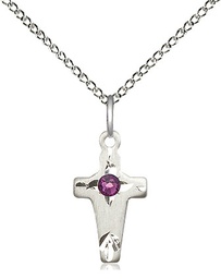 [2527SS-STN2/18SS] Sterling Silver Cross Pendant with a 3mm Amethyst Swarovski stone on a 18 inch Sterling Silver Light Curb chain