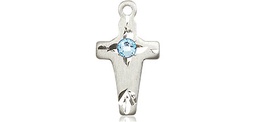 [2527SS-STN3] Sterling Silver Cross Medal with a 3mm Aqua Swarovski stone