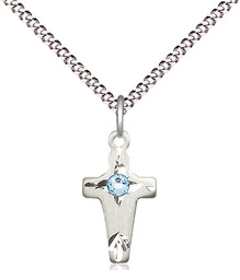 [2527SS-STN3/18S] Sterling Silver Cross Pendant with a 3mm Aqua Swarovski stone on a 18 inch Light Rhodium Light Curb chain