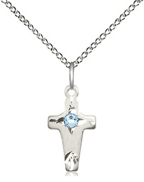 [2527SS-STN3/18SS] Sterling Silver Cross Pendant with a 3mm Aqua Swarovski stone on a 18 inch Sterling Silver Light Curb chain