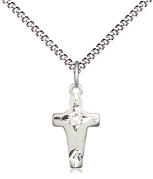 [2527SS-STN4/18S] Sterling Silver Cross Pendant with a 3mm Crystal Swarovski stone on a 18 inch Light Rhodium Light Curb chain