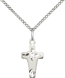 [2527SS-STN4/18SS] Sterling Silver Cross Pendant with a 3mm Crystal Swarovski stone on a 18 inch Sterling Silver Light Curb chain
