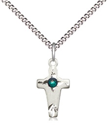 [2527SS-STN5/18S] Sterling Silver Cross Pendant with a 3mm Emerald Swarovski stone on a 18 inch Light Rhodium Light Curb chain