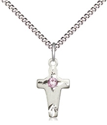 [2527SS-STN6/18S] Sterling Silver Cross Pendant with a 3mm Light Amethyst Swarovski stone on a 18 inch Light Rhodium Light Curb chain