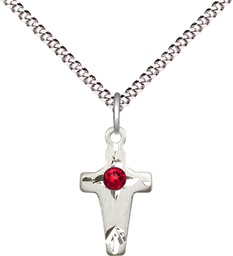 [2527SS-STN7/18S] Sterling Silver Cross Pendant with a 3mm Ruby Swarovski stone on a 18 inch Light Rhodium Light Curb chain