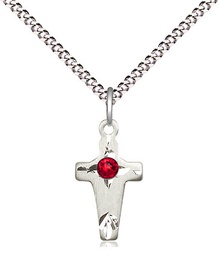 [2527SS-STN7/18S] Sterling Silver Cross Pendant with a 3mm Ruby Swarovski stone on a 18 inch Light Rhodium Light Curb chain