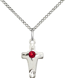 [2527SS-STN7/18SS] Sterling Silver Cross Pendant with a 3mm Ruby Swarovski stone on a 18 inch Sterling Silver Light Curb chain