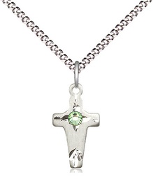 [2527SS-STN8/18S] Sterling Silver Cross Pendant with a 3mm Peridot Swarovski stone on a 18 inch Light Rhodium Light Curb chain