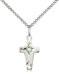 [2527SS-STN8/18SS] Sterling Silver Cross Pendant with a 3mm Peridot Swarovski stone on a 18 inch Sterling Silver Light Curb chain