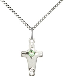 [2527SS-STN8/18SS] Sterling Silver Cross Pendant with a 3mm Peridot Swarovski stone on a 18 inch Sterling Silver Light Curb chain