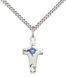 [2527SS-STN9/18S] Sterling Silver Cross Pendant with a 3mm Sapphire Swarovski stone on a 18 inch Light Rhodium Light Curb chain