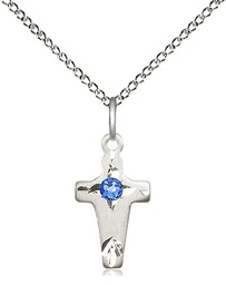 [2527SS-STN9/18SS] Sterling Silver Cross Pendant with a 3mm Sapphire Swarovski stone on a 18 inch Sterling Silver Light Curb chain