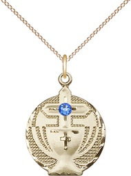 [2530GF-STN9/18GF] 14kt Gold Filled Communion Pendant with a 3mm Sapphire Swarovski stone on a 18 inch Gold Filled Light Curb chain