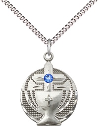 [2530SS-STN9/18S] Sterling Silver Communion Pendant with a 3mm Sapphire Swarovski stone on a 18 inch Light Rhodium Light Curb chain