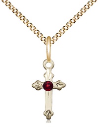 [2531GF-STN1/18G] 14kt Gold Filled Cross Pendant with a 3mm Garnet Swarovski stone on a 18 inch Gold Plate Light Curb chain