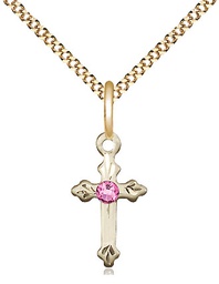 [2531GF-STN10/18G] 14kt Gold Filled Cross Pendant with a 3mm Rose Swarovski stone on a 18 inch Gold Plate Light Curb chain