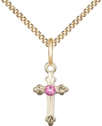 [2531GF-STN10/18G] 14kt Gold Filled Cross Pendant with a 3mm Rose Swarovski stone on a 18 inch Gold Plate Light Curb chain