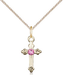 [2531GF-STN10/18GF] 14kt Gold Filled Cross Pendant with a 3mm Rose Swarovski stone on a 18 inch Gold Filled Light Curb chain