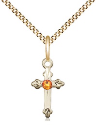 [2531GF-STN11/18G] 14kt Gold Filled Cross Pendant with a 3mm Topaz Swarovski stone on a 18 inch Gold Plate Light Curb chain