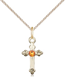 [2531GF-STN11/18GF] 14kt Gold Filled Cross Pendant with a 3mm Topaz Swarovski stone on a 18 inch Gold Filled Light Curb chain