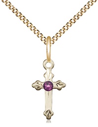 [2531GF-STN2/18G] 14kt Gold Filled Cross Pendant with a 3mm Amethyst Swarovski stone on a 18 inch Gold Plate Light Curb chain