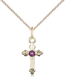 [2531GF-STN2/18GF] 14kt Gold Filled Cross Pendant with a 3mm Amethyst Swarovski stone on a 18 inch Gold Filled Light Curb chain