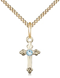 [2531GF-STN3/18G] 14kt Gold Filled Cross Pendant with a 3mm Aqua Swarovski stone on a 18 inch Gold Plate Light Curb chain