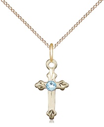 [2531GF-STN3/18GF] 14kt Gold Filled Cross Pendant with a 3mm Aqua Swarovski stone on a 18 inch Gold Filled Light Curb chain