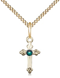 [2531GF-STN5/18G] 14kt Gold Filled Cross Pendant with a 3mm Emerald Swarovski stone on a 18 inch Gold Plate Light Curb chain