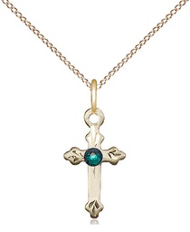 [2531GF-STN5/18GF] 14kt Gold Filled Cross Pendant with a 3mm Emerald Swarovski stone on a 18 inch Gold Filled Light Curb chain