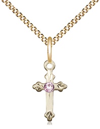 [2531GF-STN6/18G] 14kt Gold Filled Cross Pendant with a 3mm Light Amethyst Swarovski stone on a 18 inch Gold Plate Light Curb chain