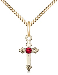 [2531GF-STN7/18G] 14kt Gold Filled Cross Pendant with a 3mm Ruby Swarovski stone on a 18 inch Gold Plate Light Curb chain