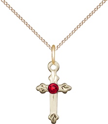 [2531GF-STN7/18GF] 14kt Gold Filled Cross Pendant with a 3mm Ruby Swarovski stone on a 18 inch Gold Filled Light Curb chain