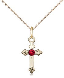 [2531GF-STN7/18GF] 14kt Gold Filled Cross Pendant with a 3mm Ruby Swarovski stone on a 18 inch Gold Filled Light Curb chain